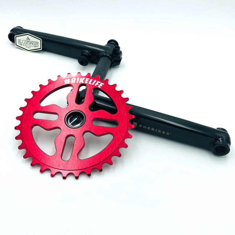 Pédalier BMX L170mm noir + plateau BIKELIFE tiktok 33T rouge