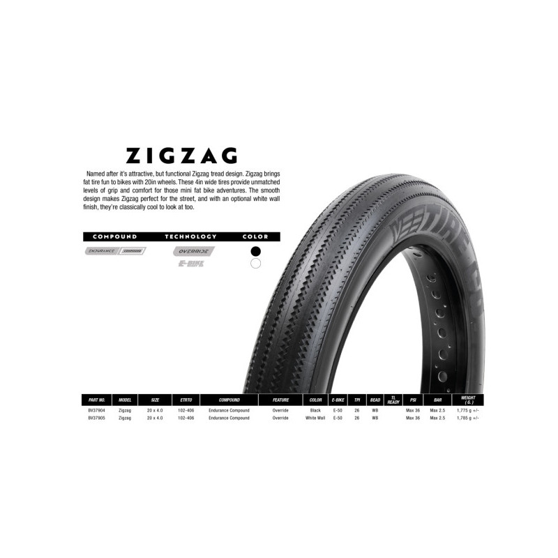 Pneu FAT BIKE Zigzag flans white par VEE TIRE  - 20" x 4.0'