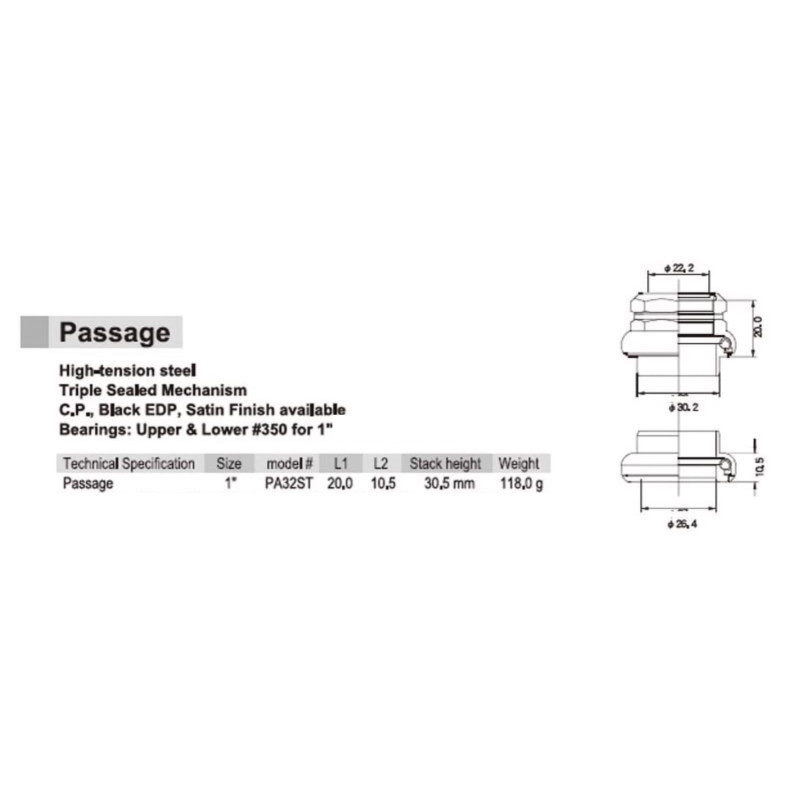 Jeu de direction TANGE Passage PA32ST silver - 1 pouce